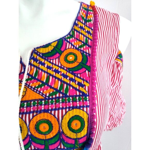 SAHIBA Stripe Flower Pot Patio House Dress TASSELS Red White L/XL - Picture 11 of 16